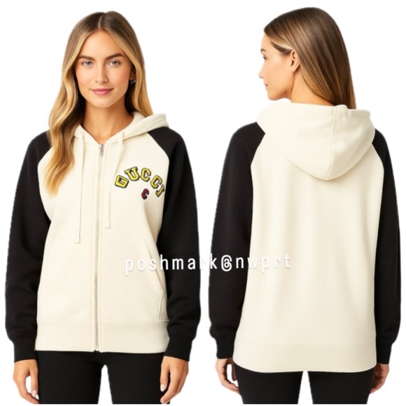 Gucci Tops - GUCCI 🍇 Hoodie Graphic Black Off White Yellow Zip Up Sweatshirt Logo S Small